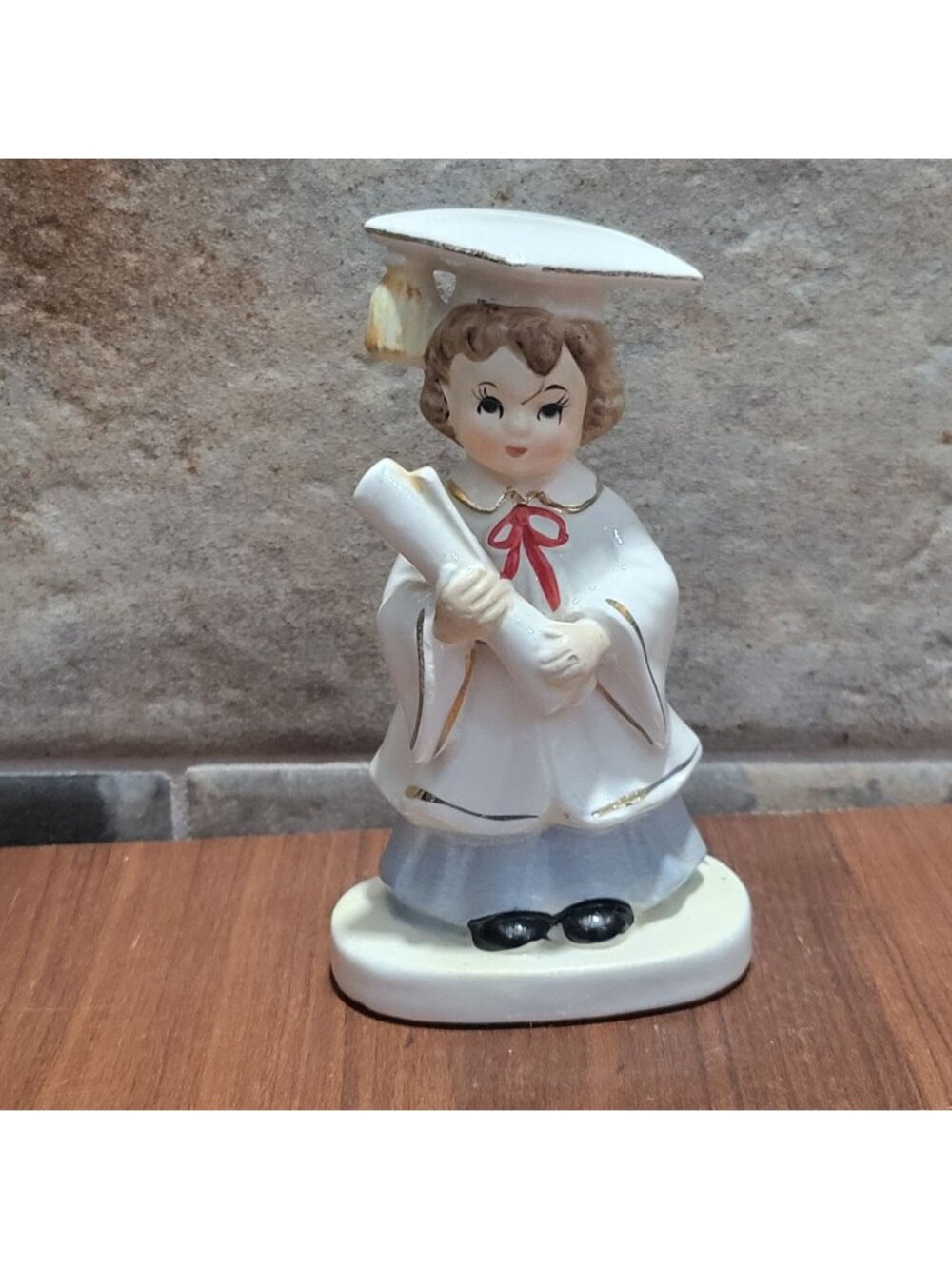Vintage Lefton Graduation Girl Figurine White Cap Gown Diploma Japan MCM
